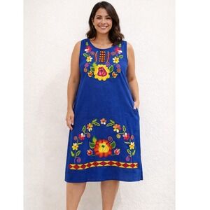 Unbranded Mexican Floral Embroidered Shift Dress Womens L Blue Sleeveless
